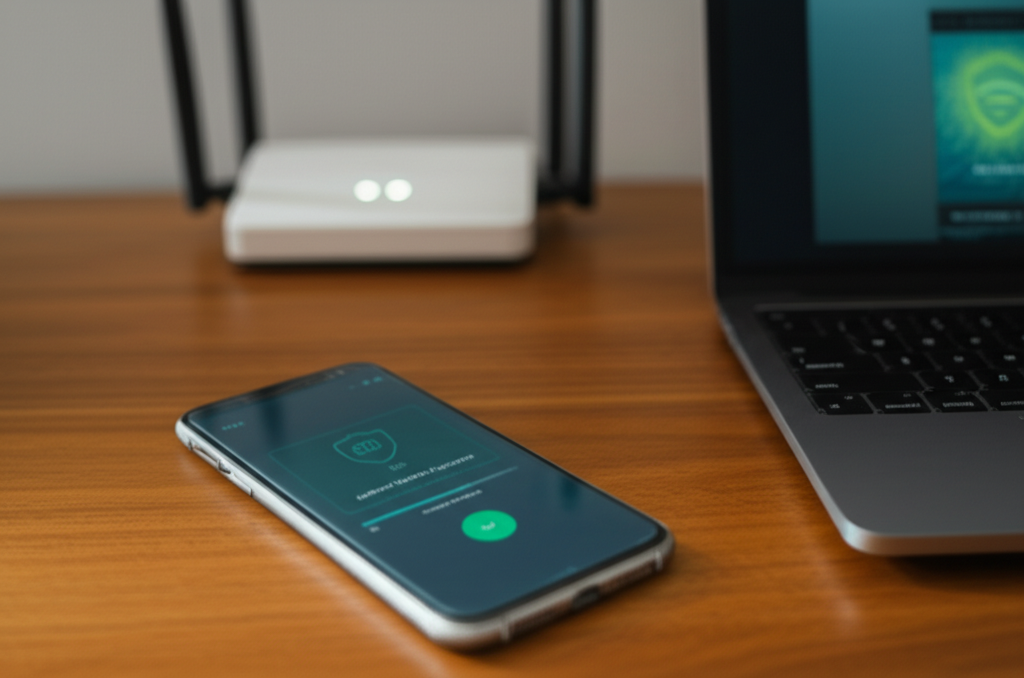 Smartphone and laptop running security updates before using online banking