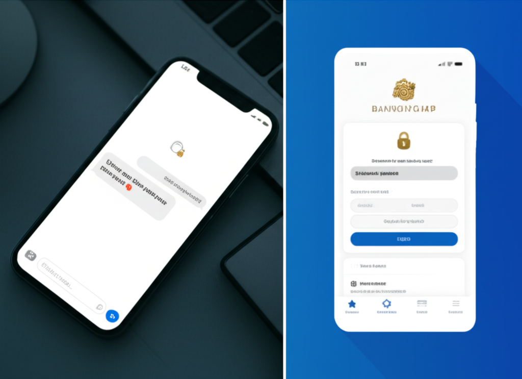 Comparison of a phishing banking message and a genuine secure banking app interface