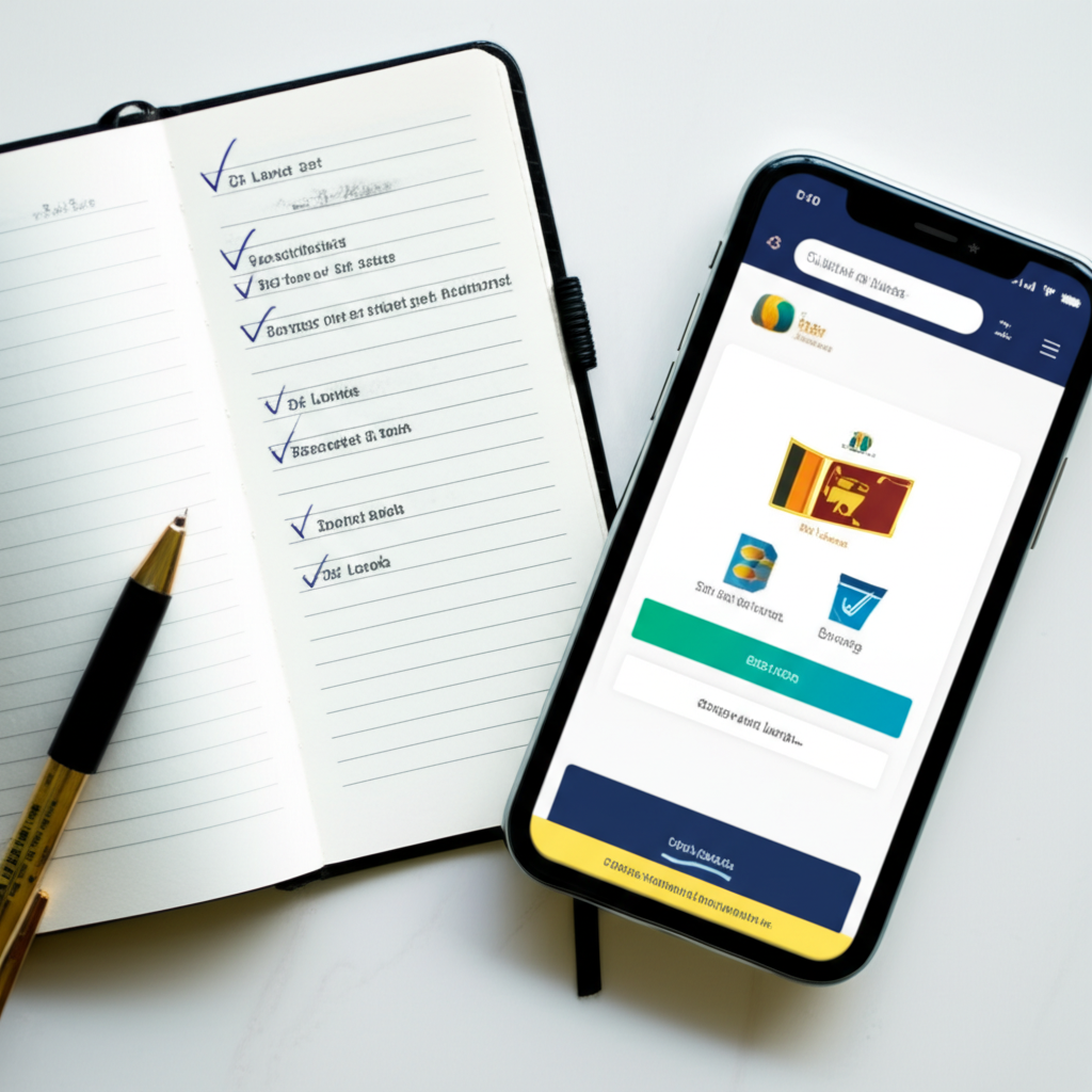Online banking security checklist being ticked off beside a smartphone with a banking app open