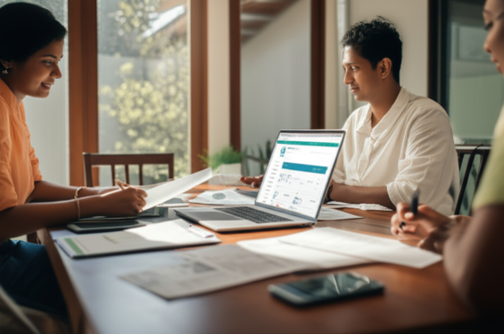 Sri Lankan family organizing CEB, water, telecom, and insurance bills while setting up online payments on a laptop