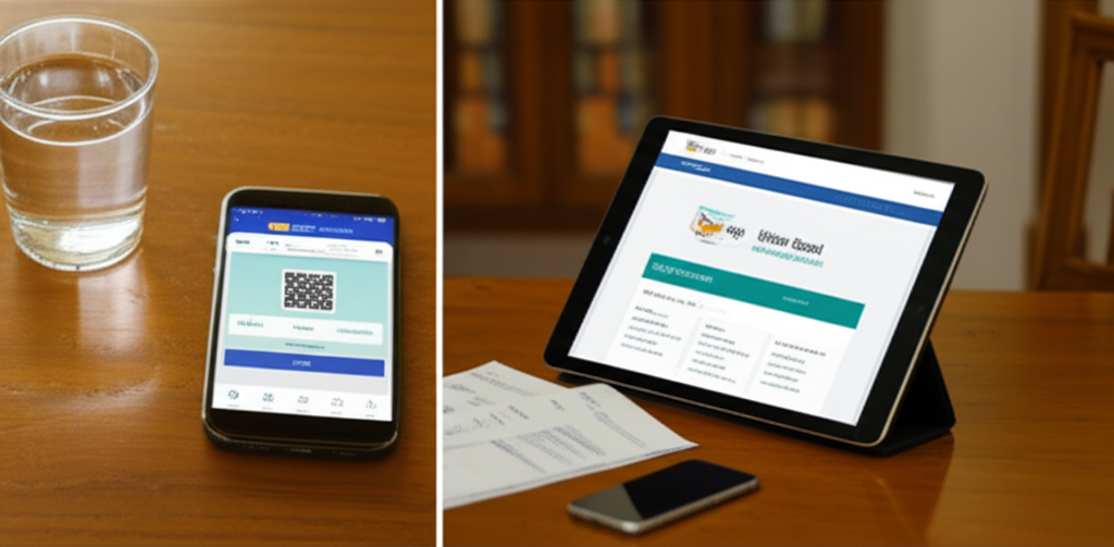 Smartphone and tablet showing online water board and telecom bill payment screens side by side