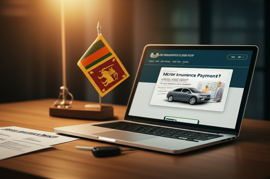 Laptop open to an insurance company website where a Sri Lankan user is paying a premium online