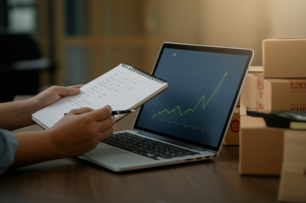 Daraz seller reviewing profit margins and sales growth charts on a laptop