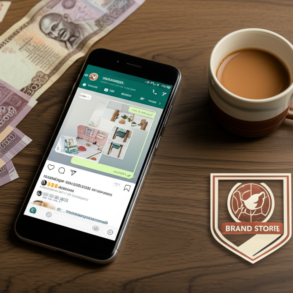 Smartphone showing social media and WhatsApp interactions with a Sri Lankan online store