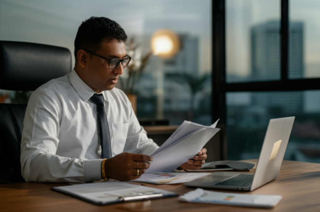 Business owner reviewing e-commerce legal documents next to website footer links