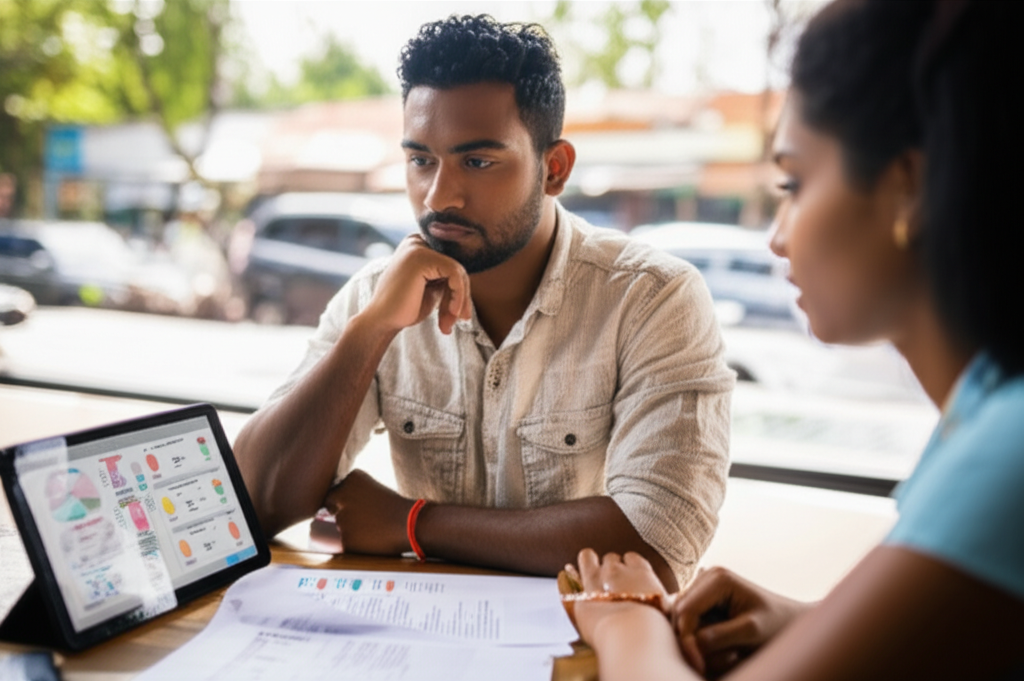 Sri Lankan professionals planning their future skills and careers with a digital tablet and documents