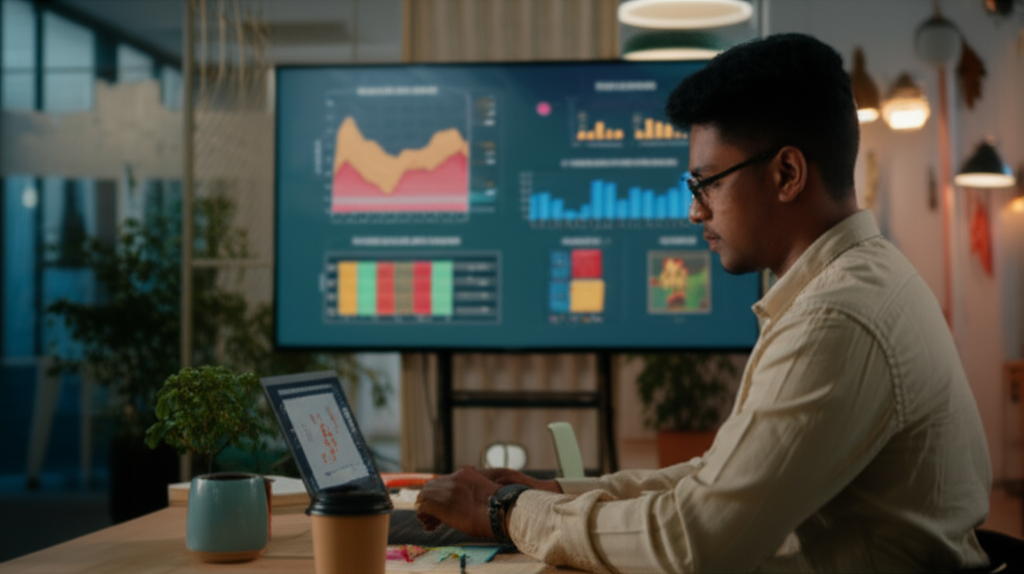 Sri Lankan digital marketer reviewing social media and advertising performance dashboards