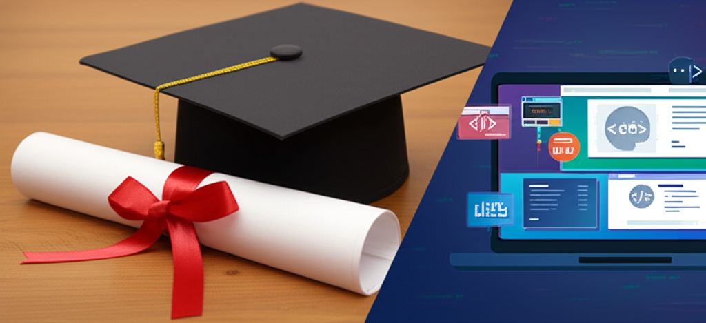 Visual comparison of a university degree and online course certificates for IT careers