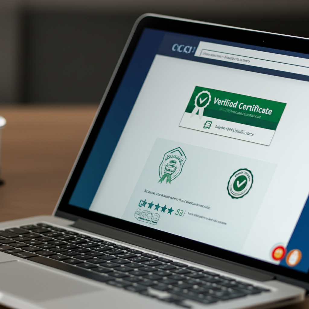 Person checking accreditation and reviews of an online course before enrolling