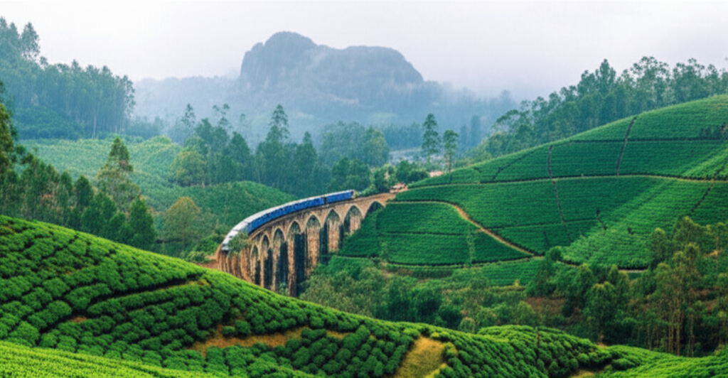 Sri Lankan hill country train passing tea plantations with light mist and few people