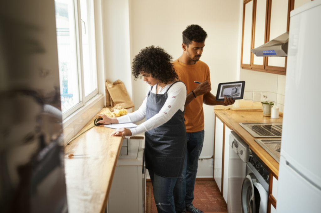 Sri Lankan couple measuring their small apartment kitchen before buying appliances