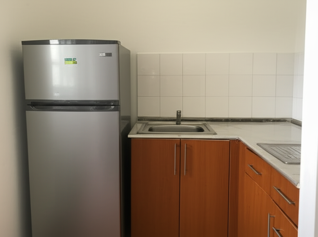 Slim single-door fridge fitted into a compact apartment kitchen in Sri Lanka