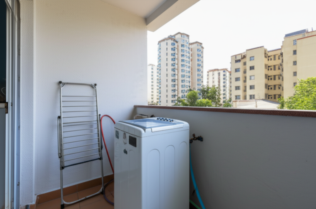 Compact washing machine placed on a small apartment balcony with clothes drying nearby