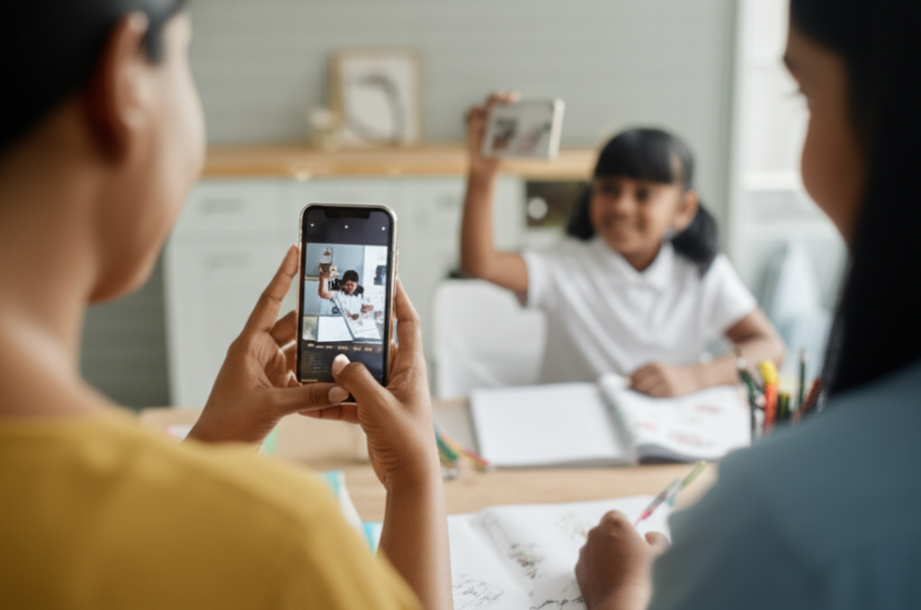Sri Lankan parent and child using smartphone cameras for photos and online class