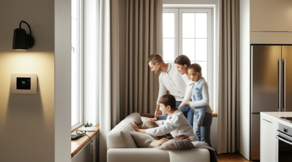 Family in a cozy living room using LEDs and a smart thermostat to keep electricity bills low and comfort high