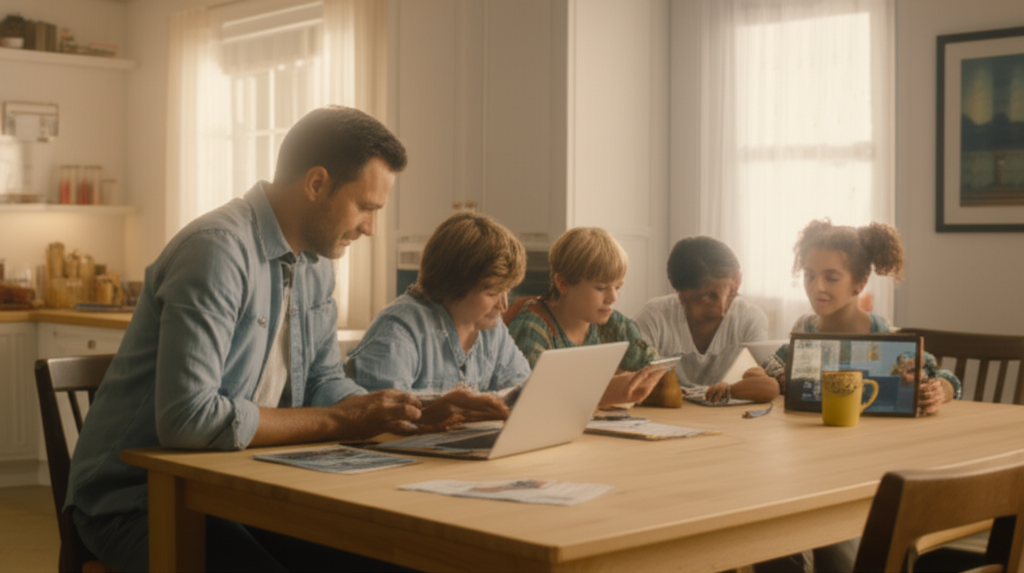 Family reviewing telecom bills at the kitchen table to switch to simpler, cheaper plans without losing services