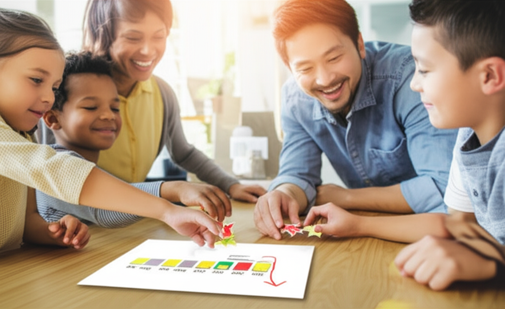 Family tracking lower household bills on a chart and celebrating savings together