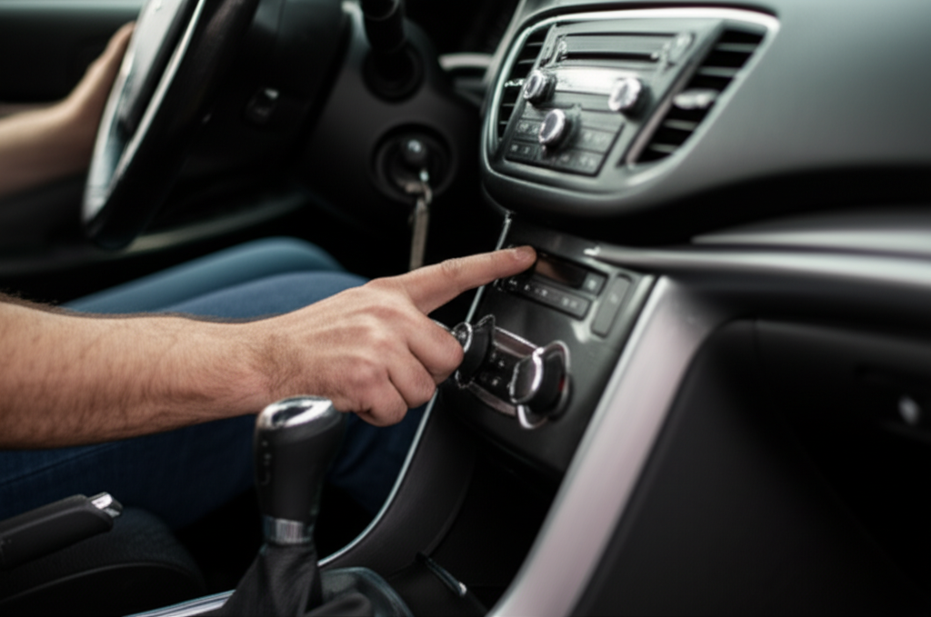 Checking the functionality of a used car's interior dashboard controls.