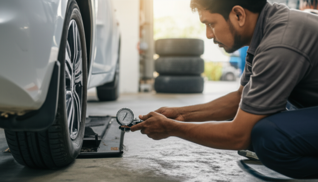 A mechanic ensuring a car's tyre pressure is at the correct level for fuel efficiency.