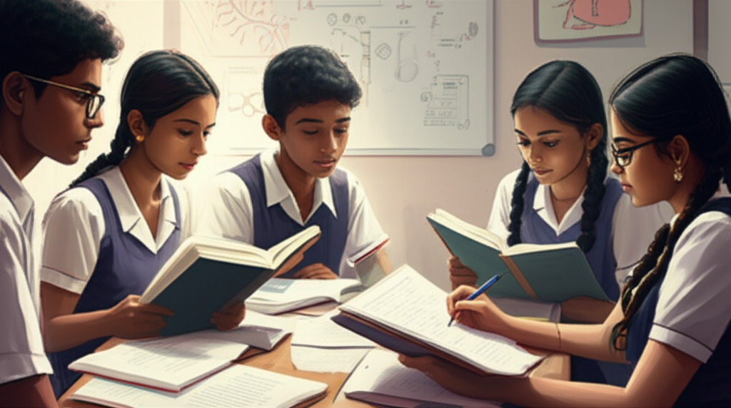 A group of O/L students studying together, highlighting collaboration and diverse subjects.