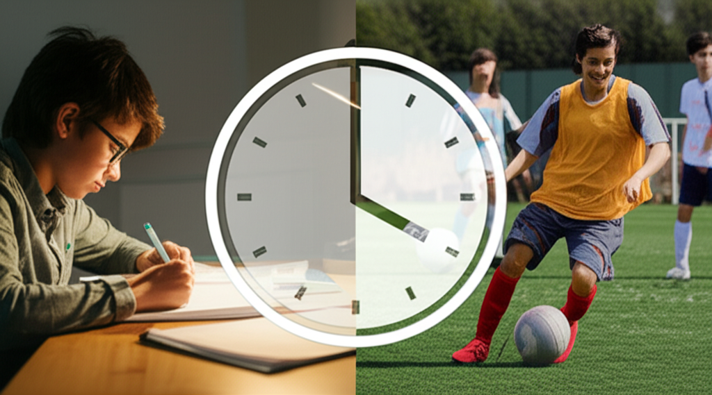A split image showing a child balancing schoolwork and sports activities.