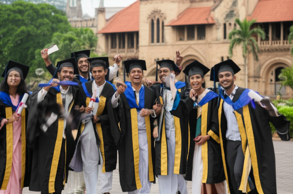 A group of happy Sri Lankan students celebrating their graduation on a university campus.