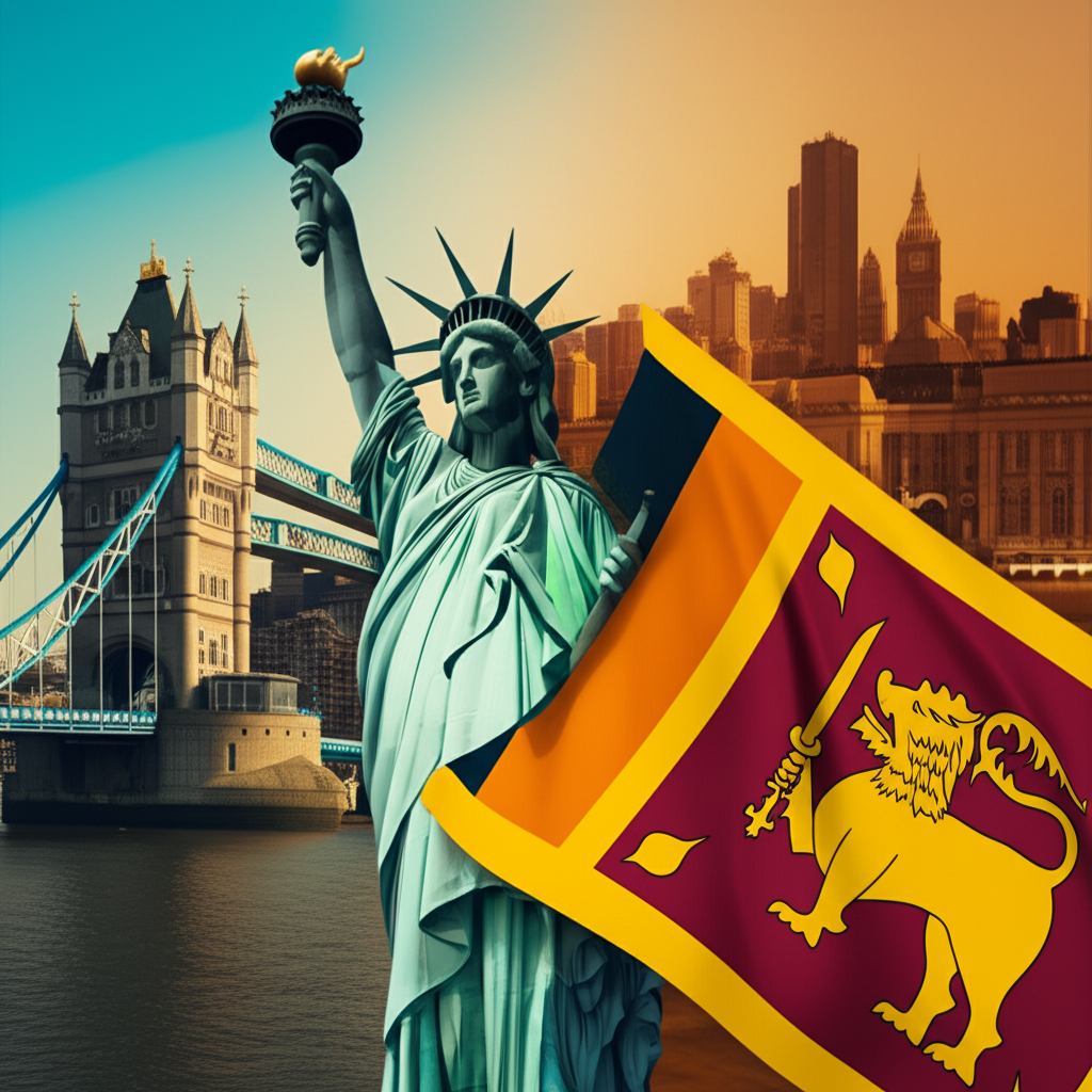 A collage representing international study destinations like the UK, USA, and Australia for Sri Lankan students.