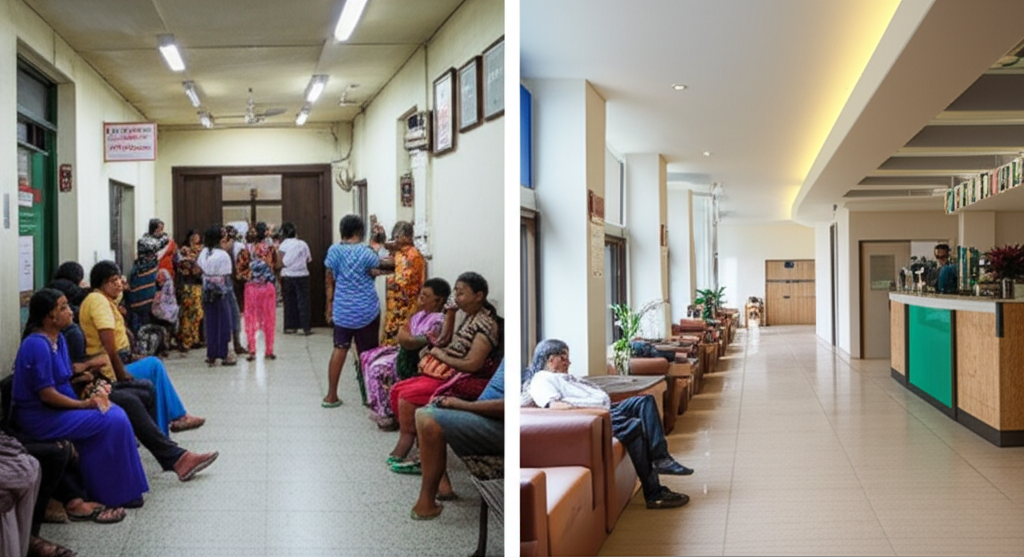 A comparison between a crowded public hospital waiting area and a serene private hospital lobby.
