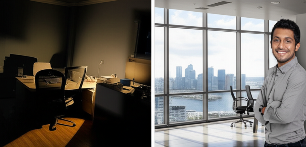 A split image showing the contrast between a work environment in Sri Lanka and a more promising one abroad.