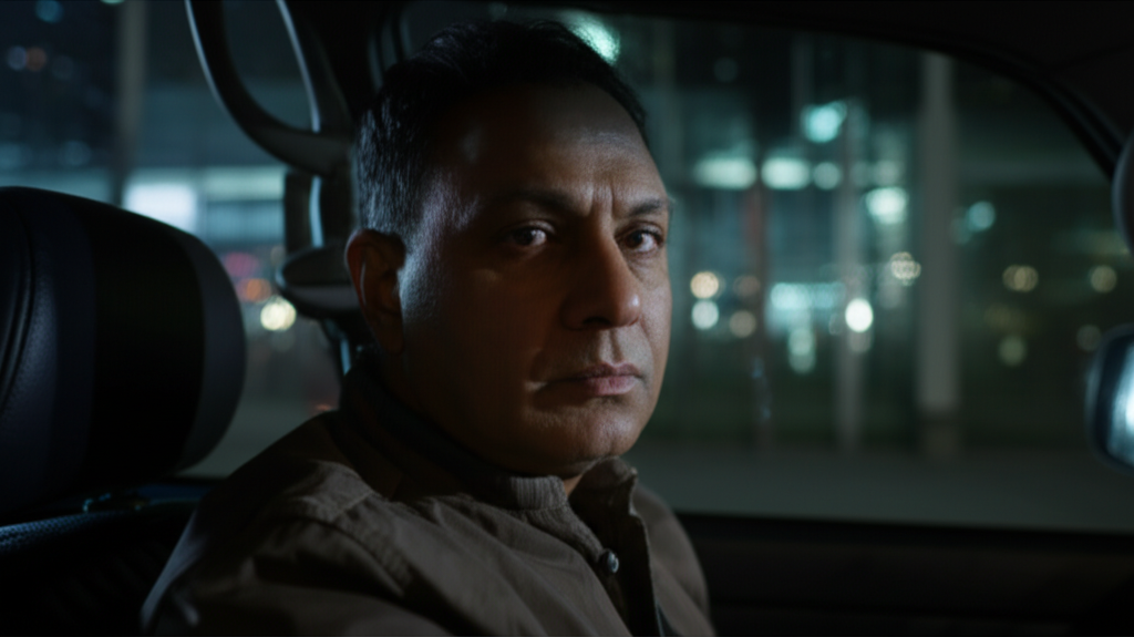 A former Sri Lankan professional, now working as a driver abroad, looks pensively out of his car window at night.
