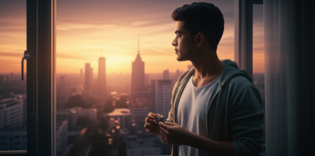 A Sri Lankan professional watches the sunrise over a new city, symbolizing hope, resilience, and the dream of a better future.
