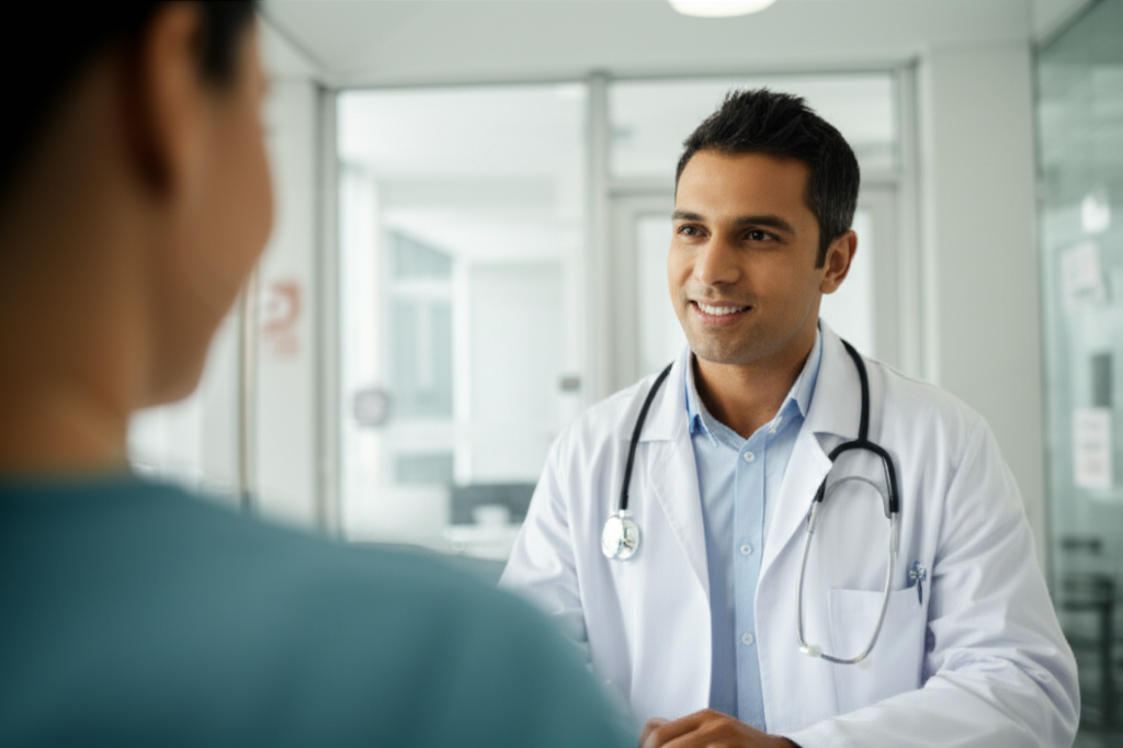 A patient having a consultation with a doctor in a New Zealand clinic.