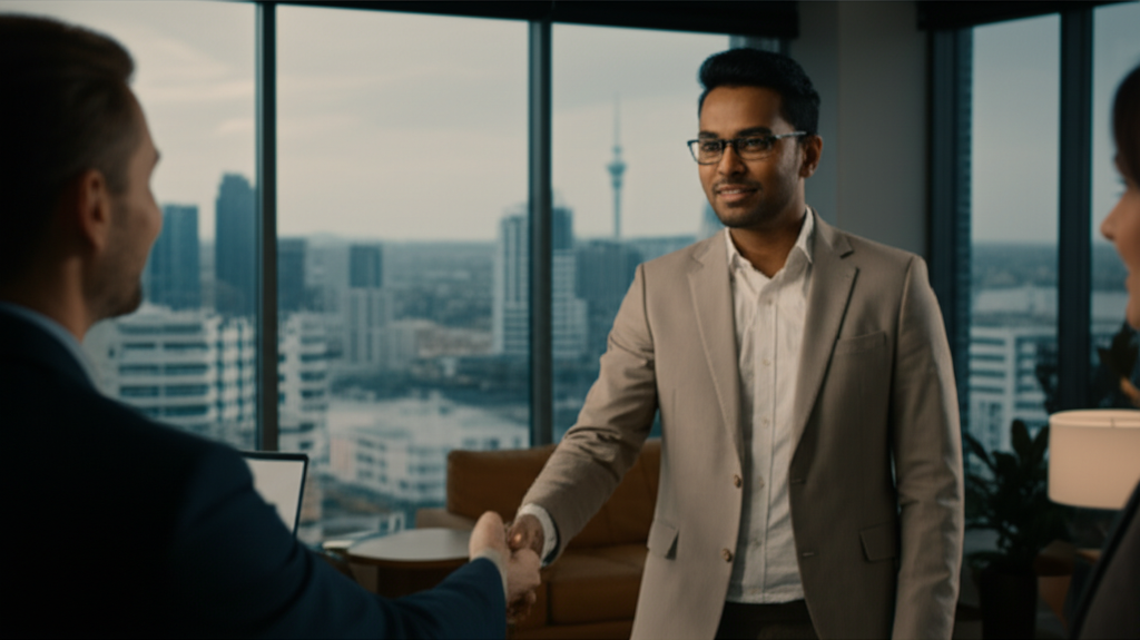 A successful job interview taking place in a modern Auckland office.