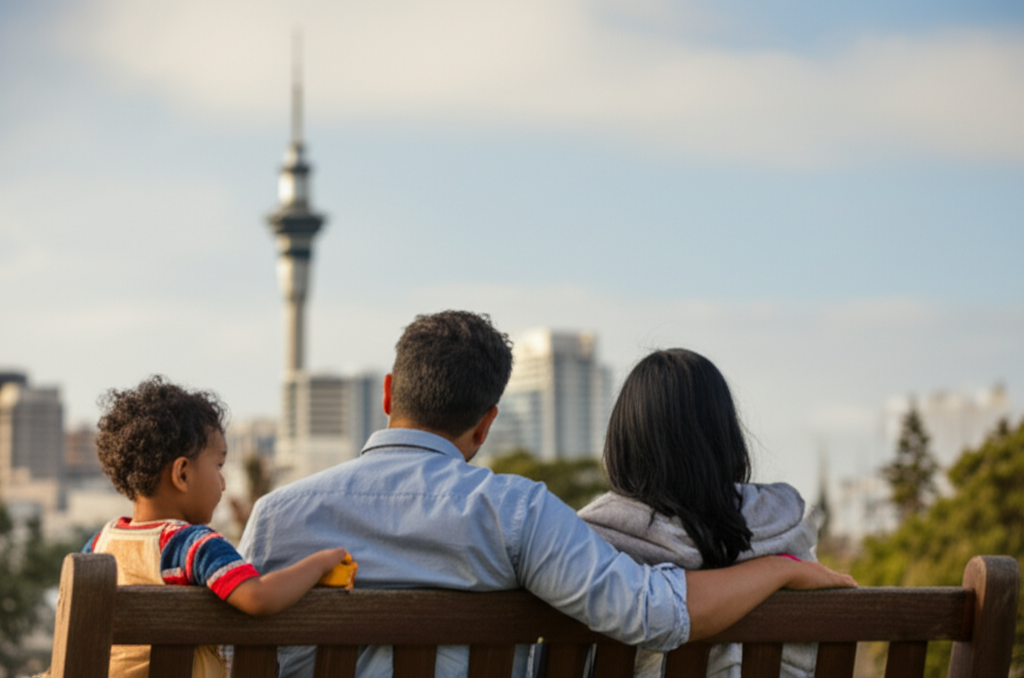 A family enjoying a relaxed lifestyle in a park in Auckland, New Zealand.
