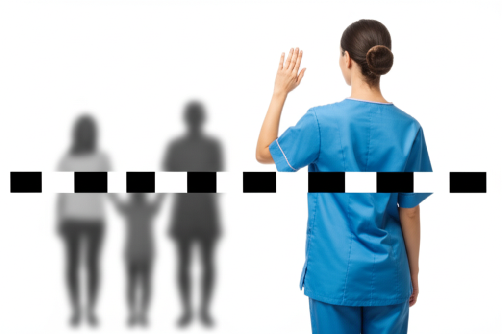 A solitary care worker looking concerned, illustrating the personal impact of the ban on bringing dependents.