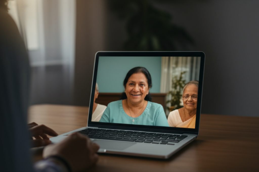 An immigrant connects with family in Sri Lanka via video call, highlighting the pain of physical separation.