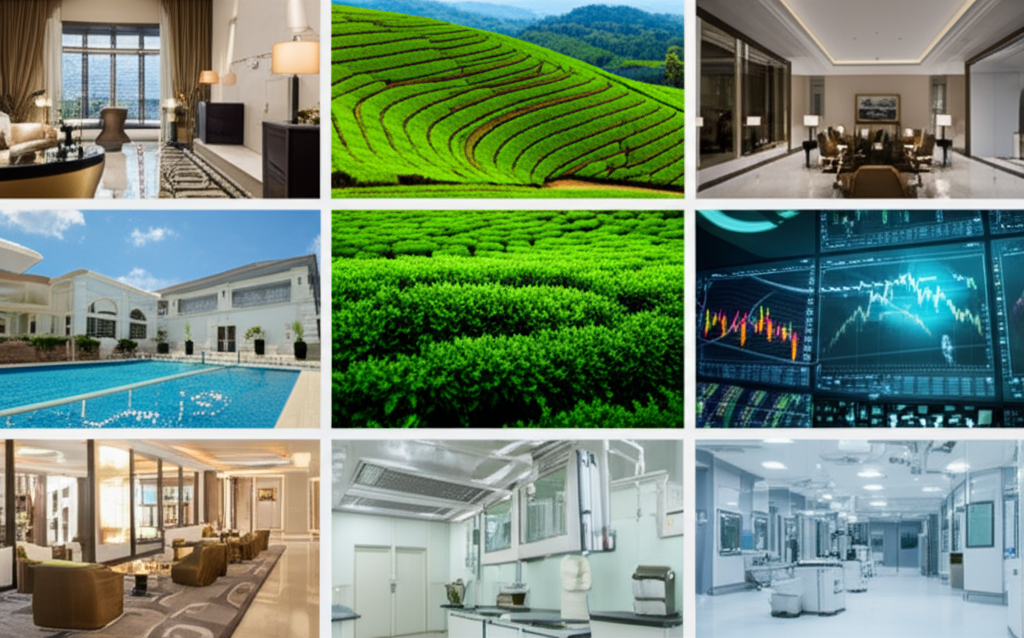 A collage showing the diverse business empire of Ishara Nanayakkara, including hospitality, healthcare, and finance.