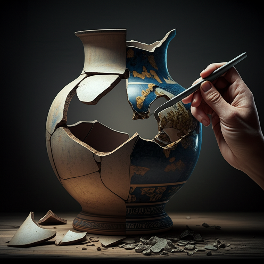 Symbolic representation of a corporate turnaround, from broken to beautiful.