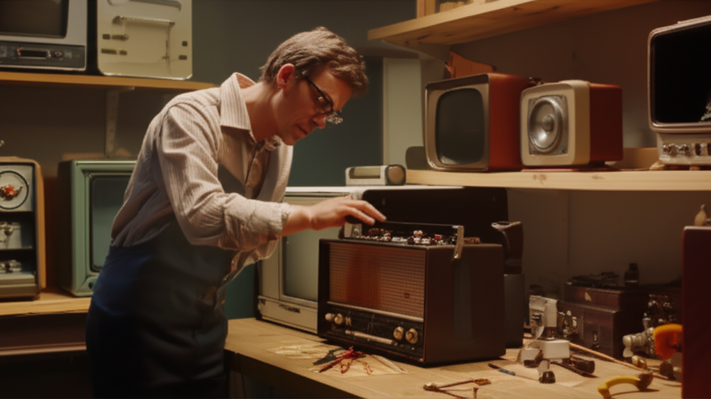 A depiction of Aban Pestonjee's humble beginnings, working on used appliances in his garage.