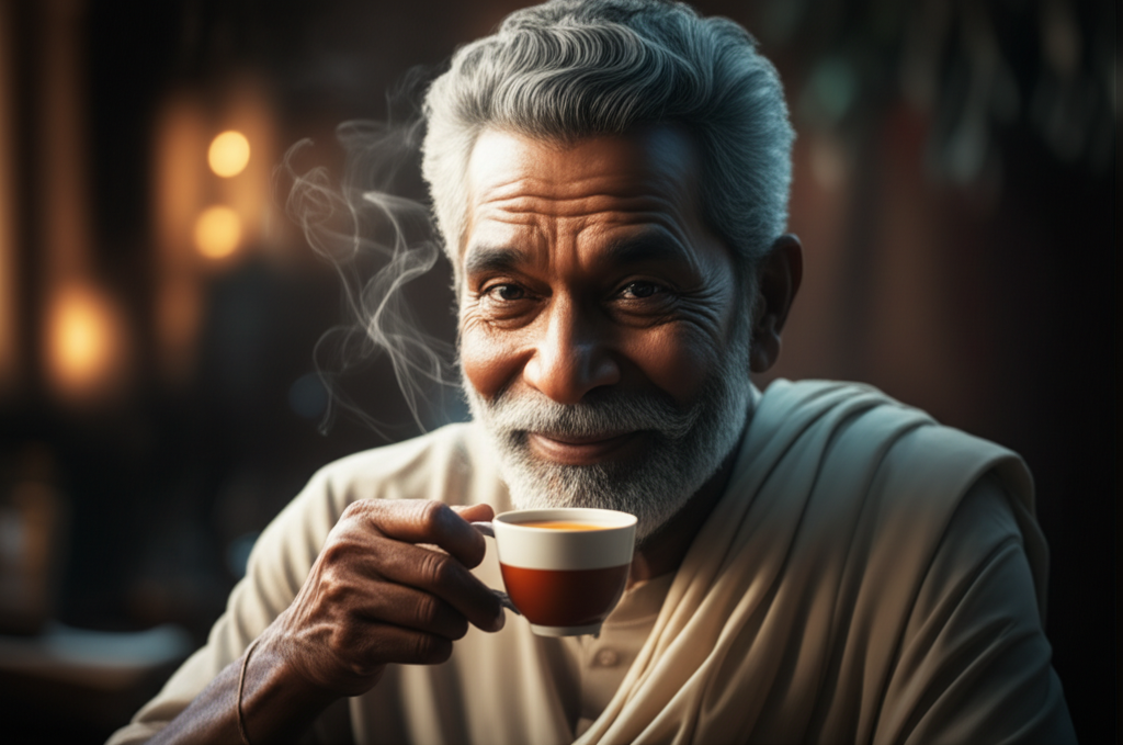 A close-up of Merril J. Fernando smiling warmly while holding a cup of Dilmah tea.