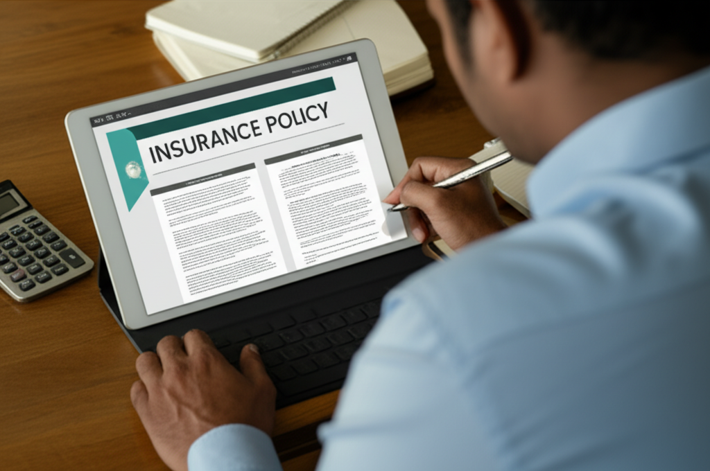 A person carefully considering the terms and coverage of an insurance policy for their family.