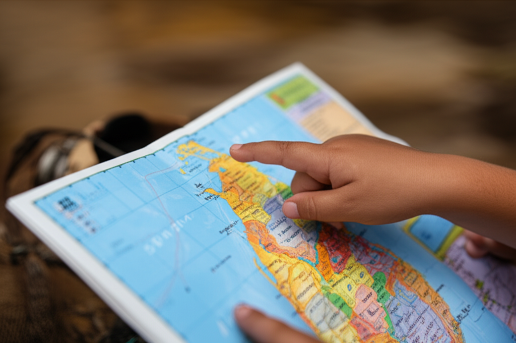 A child's finger pointing to an off-the-beaten-path location on a map of Sri Lanka.