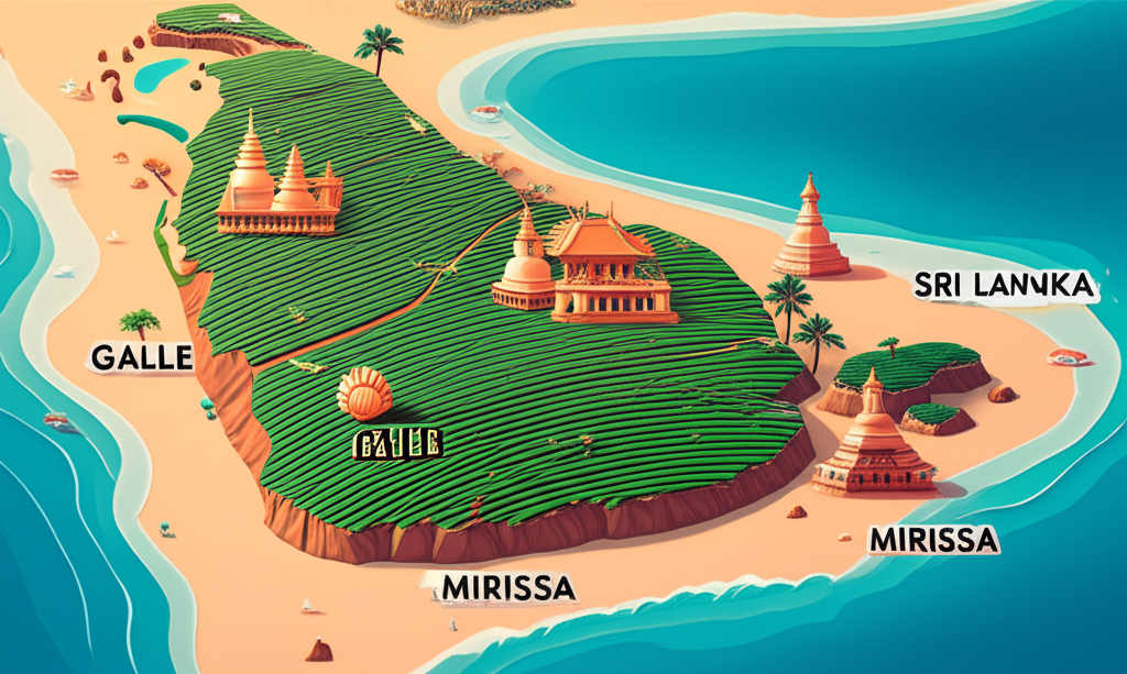 An illustrative map of Sri Lanka highlighting key holiday destinations for expats.