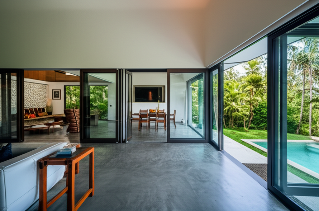 The stylish interior of a private Airbnb villa in Sri Lanka with a view of its garden and pool.