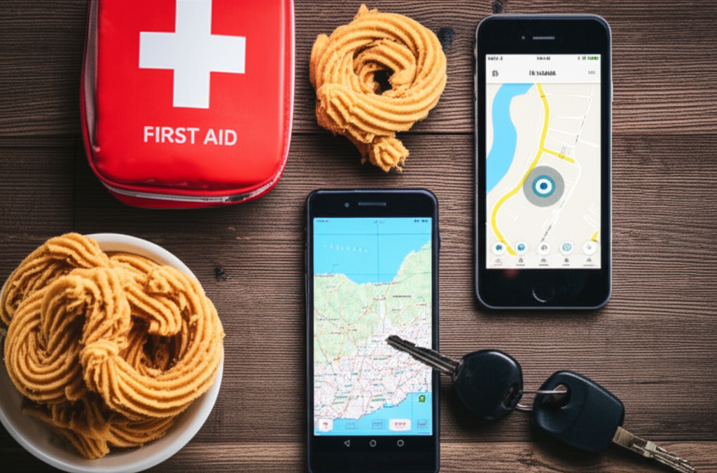 Essential items for a Sri Lankan road trip, including a map, keys, and snacks.