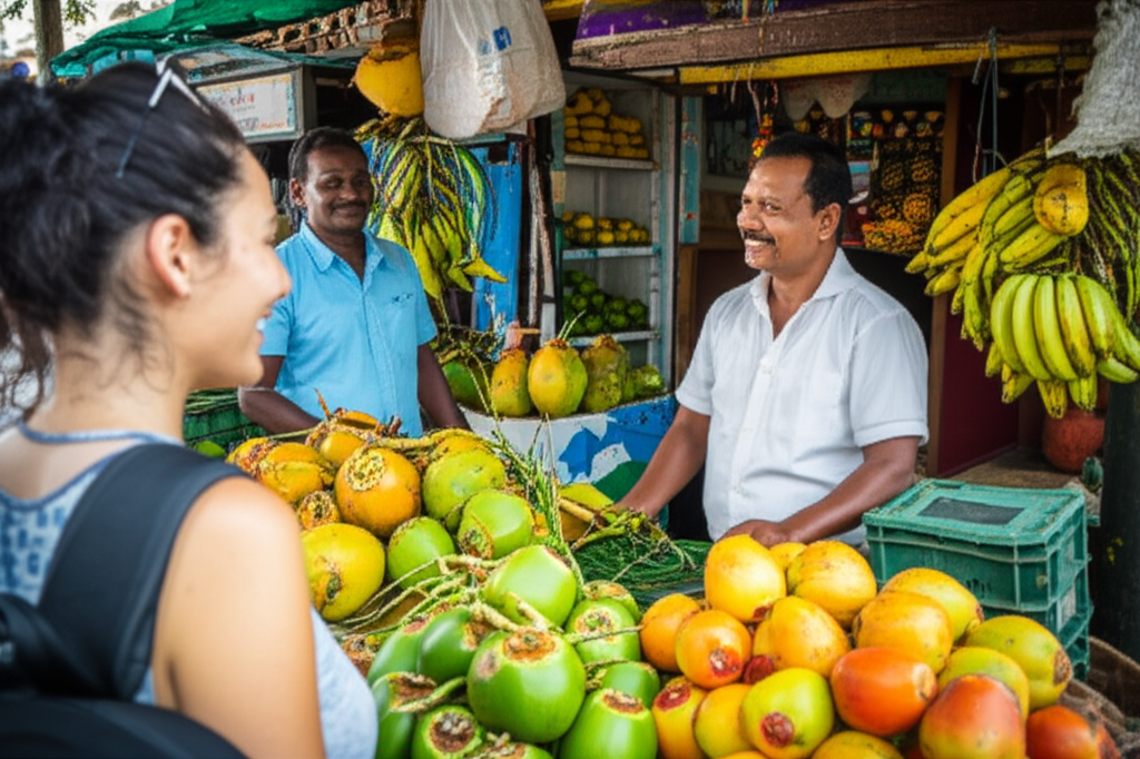 An expat buying a king coconut from a friendly local vendor at a roadside stall in Sri Lanka.