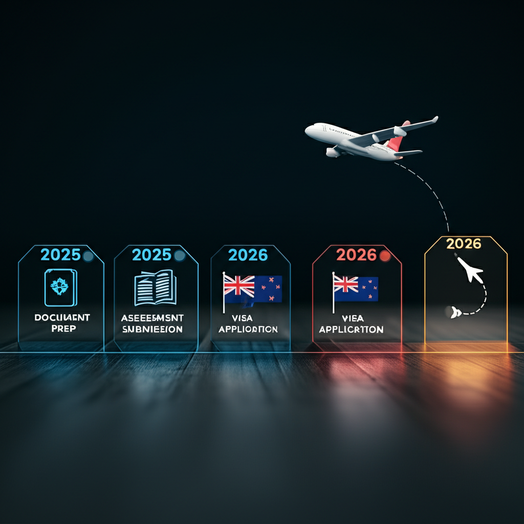 A timeline illustrating the key steps for migrating to the UK or NZ in 2026.