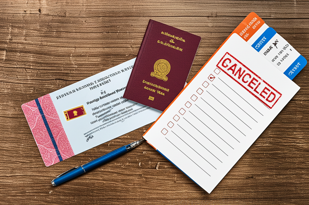 A collection of travel documents including a Sri Lankan passport, signifying the administrative process of returning to Sri Lanka.