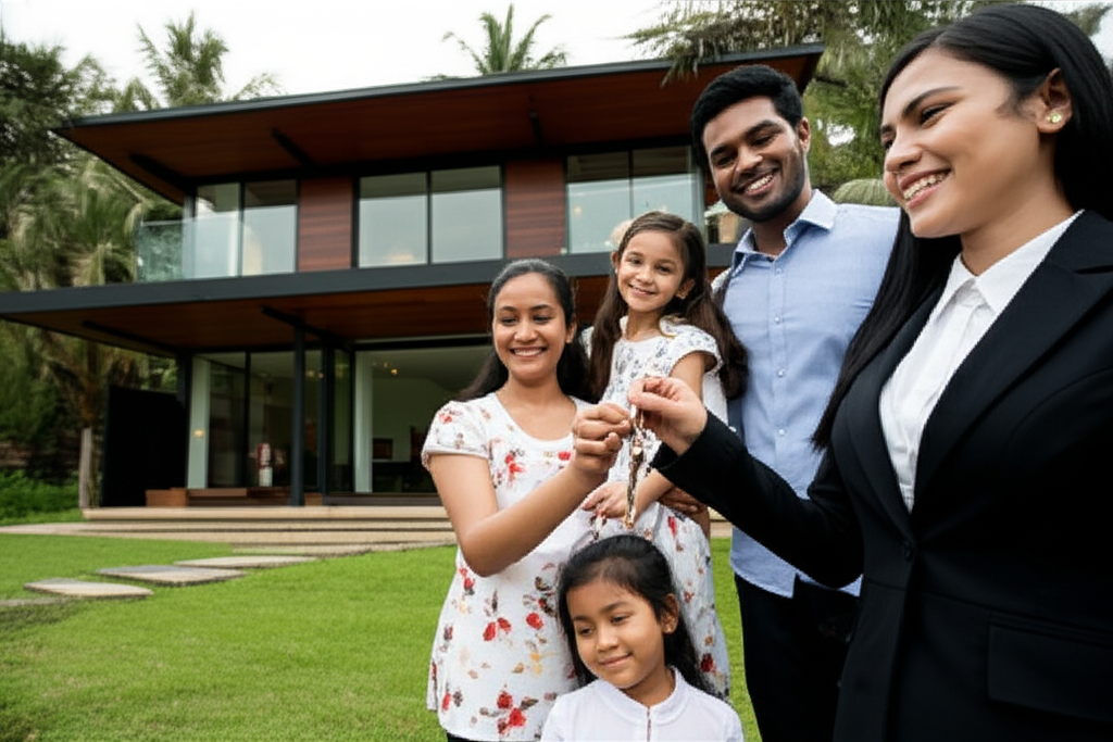 A family happily accepting the keys to their new home in Sri Lanka.