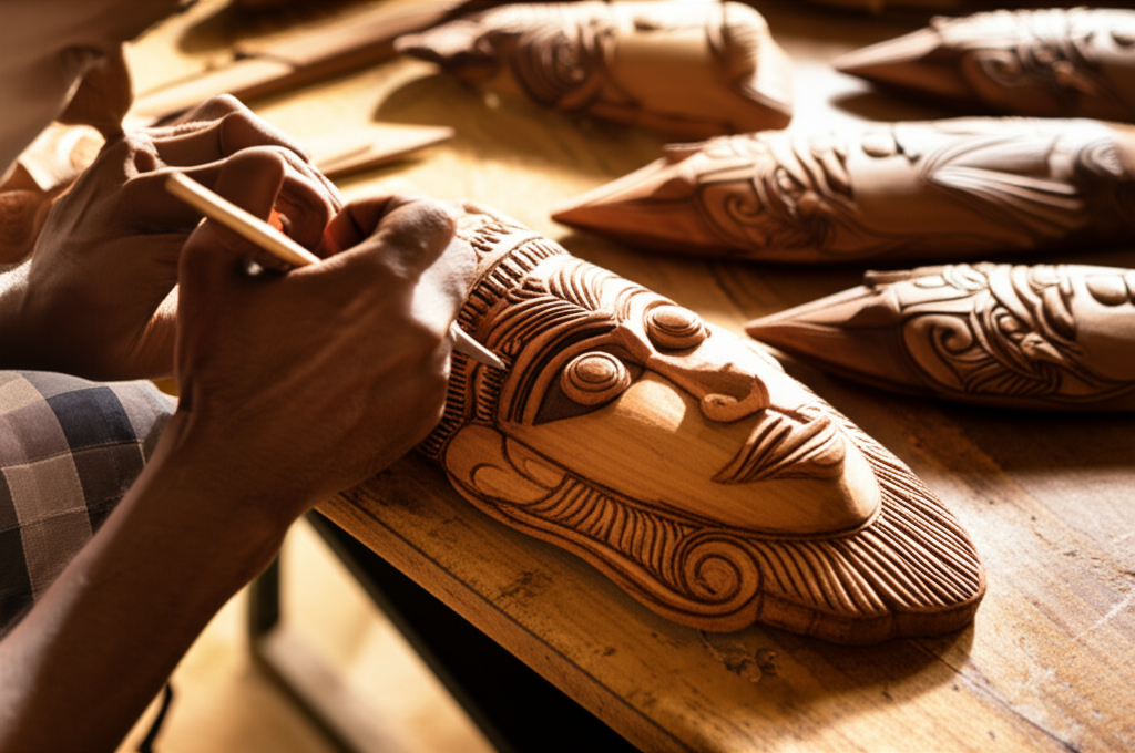 A skilled Sri Lankan craftsperson working on a traditional handmade product for export.